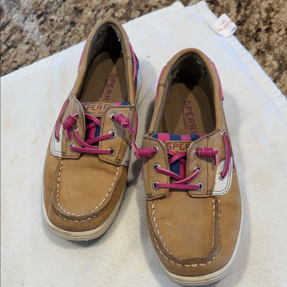 Sperry Kids Tan Sneakers with Pink and White Accents